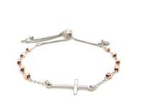 Sterling Silver White and Rose Finish Adjustable Bracelet with Cross