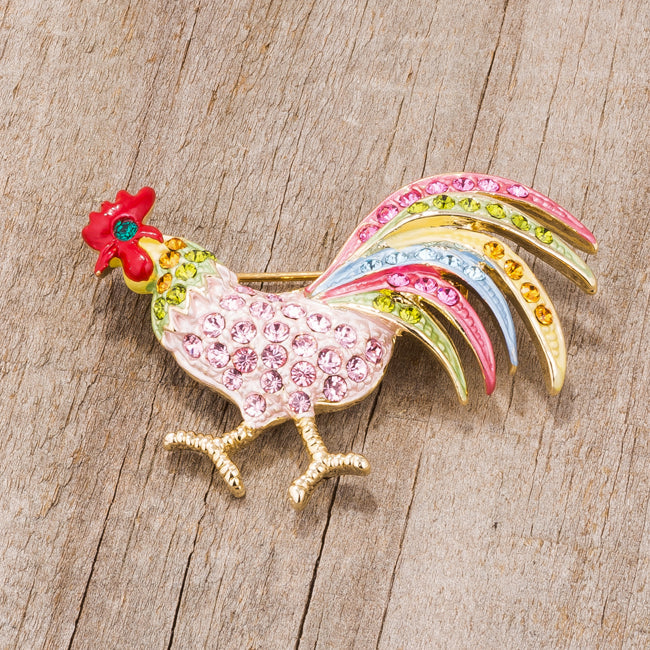 Gold Tone Multicolor Rooster Brooch With Crystals