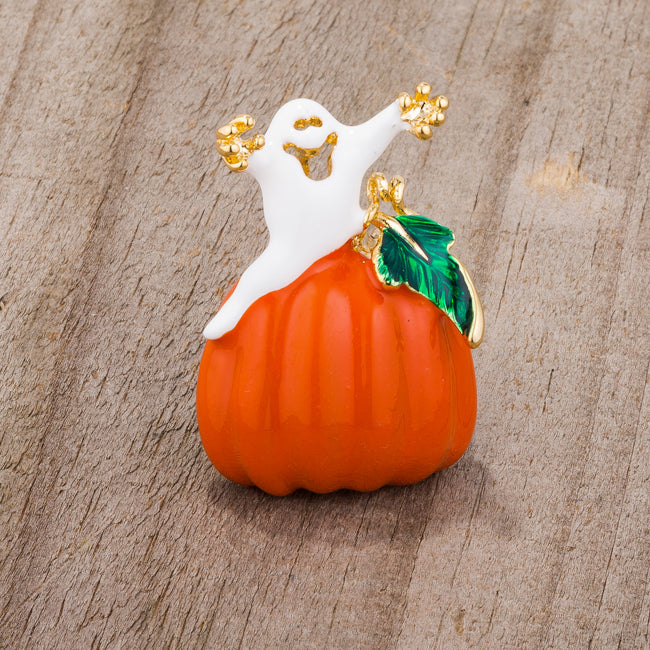 Pumpkin And Ghost Brooch With Crystals