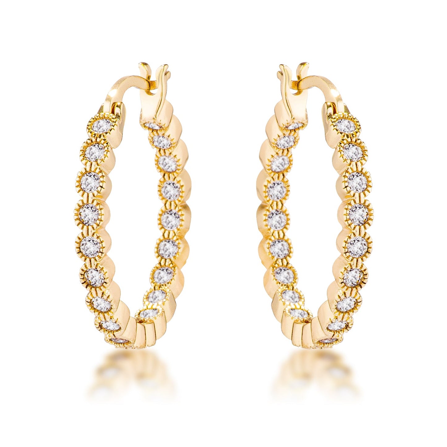 Gold Plated Dotted Clear CZ Round Bezel Hoop Earrings