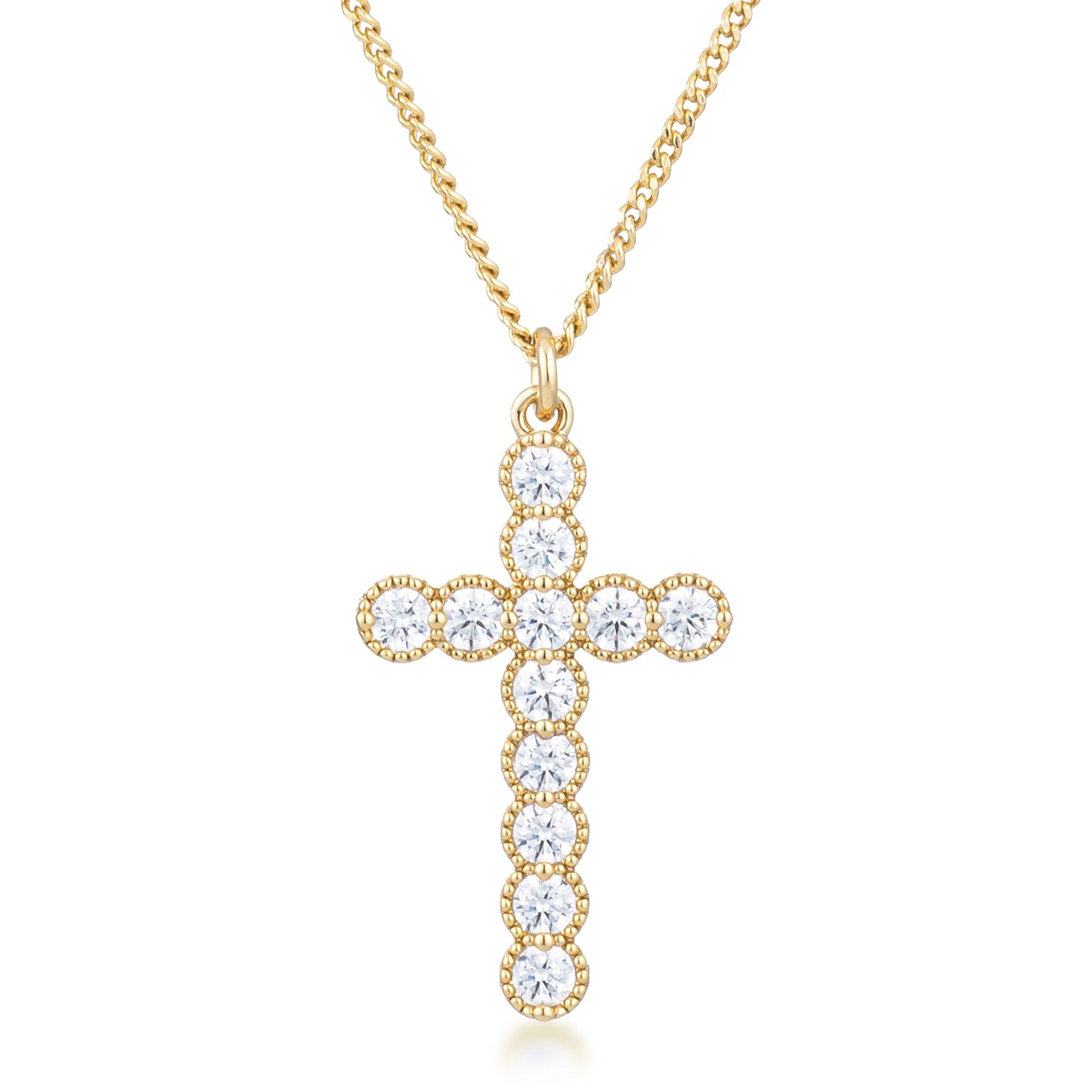 Micro Beaded 18k Gold Plated Clear CZ Cross Pendant