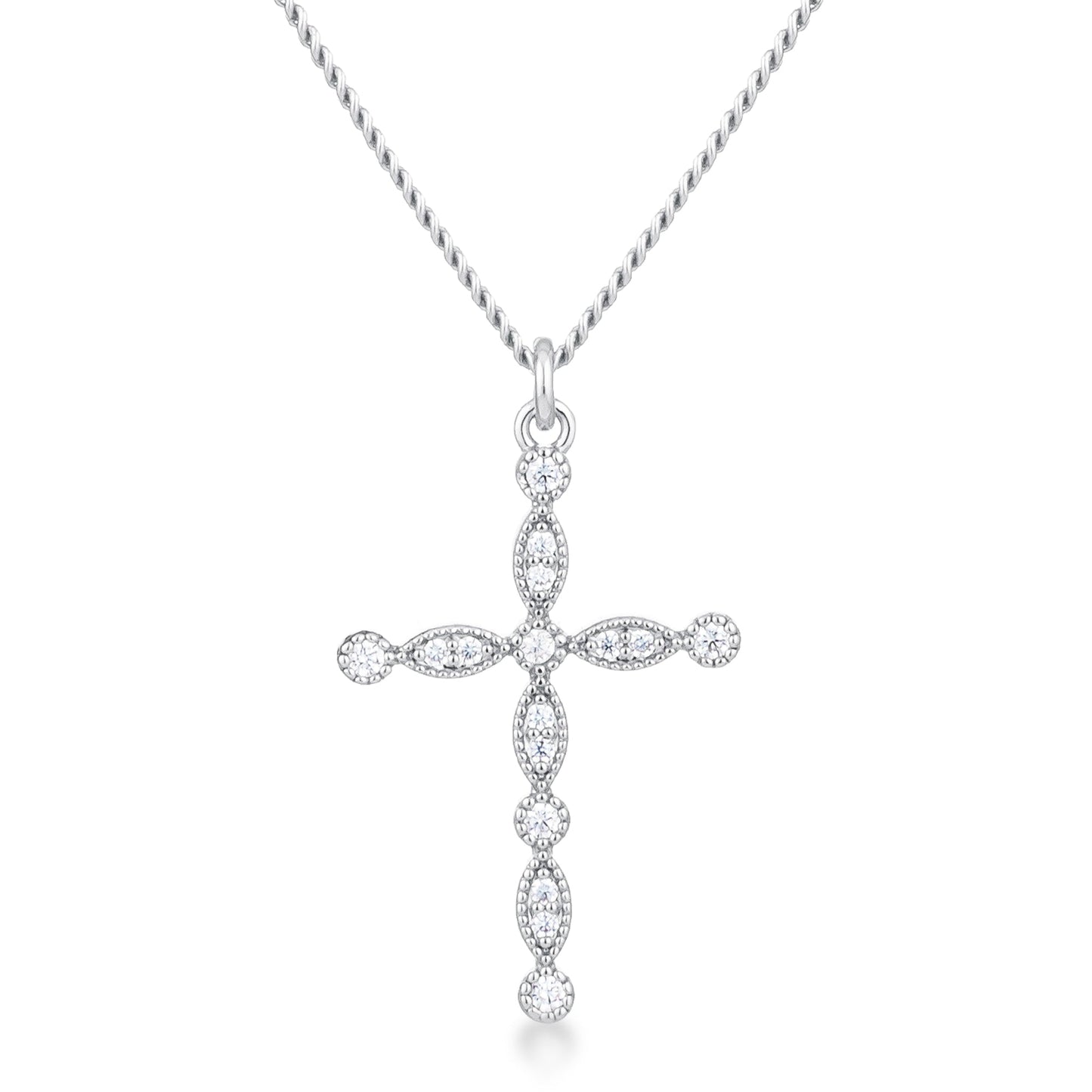 Delicate Vintage Rhodium Plated Clear CZ Cross Pendant