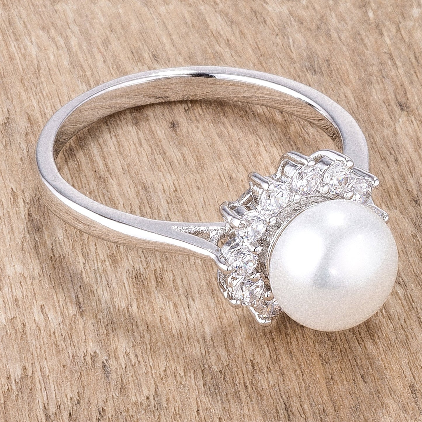 .36Ct Rhodium Plated Freshwater Pearl and CZ Halo Ring