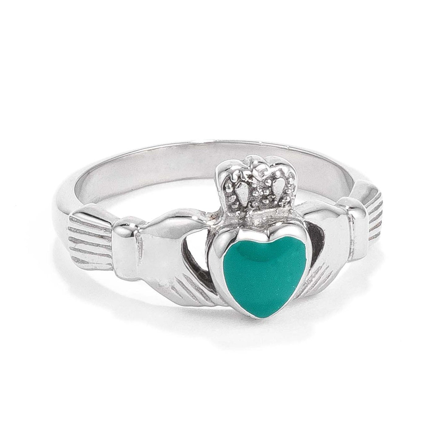 Stainless Steel Irish Claddagh Ring with Green Enamel Heart