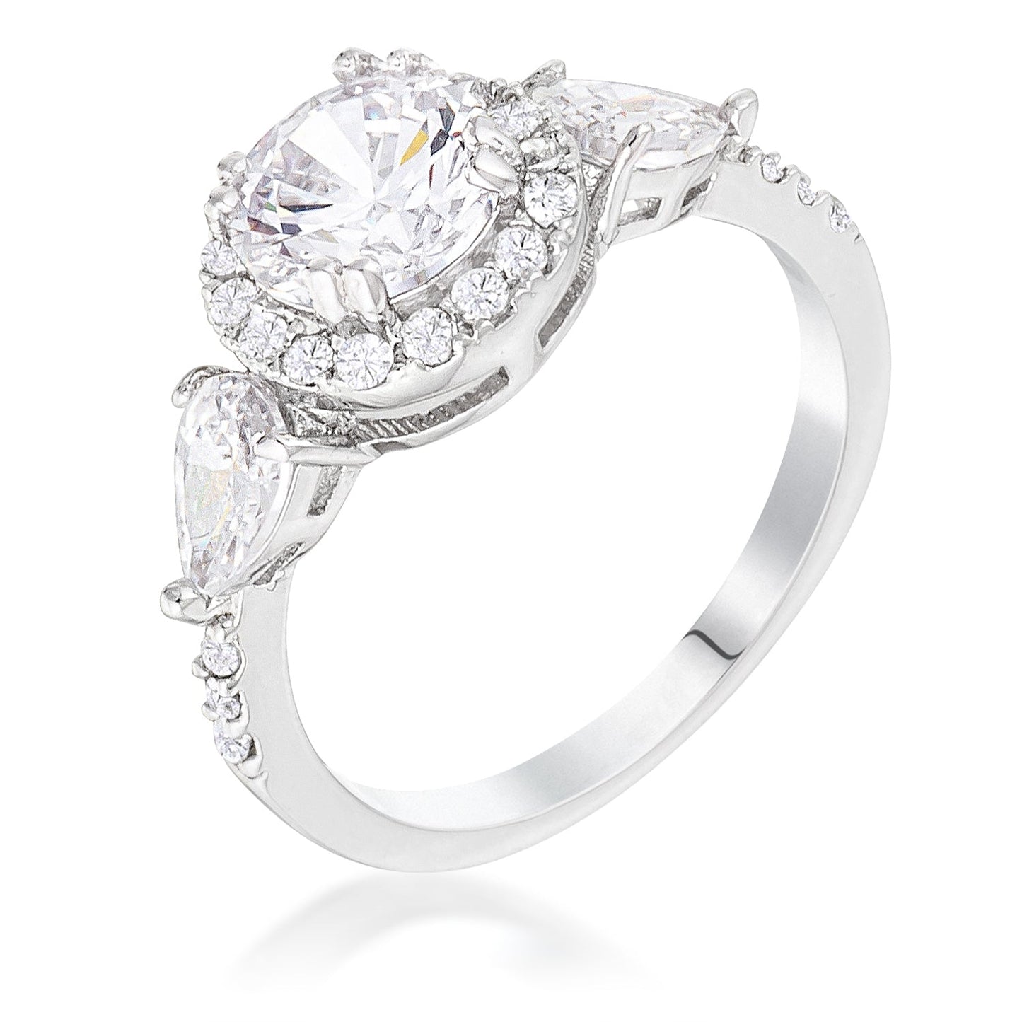 Rhodium  Plated 3-Stone Clear CZ Round Halo Pear Engagement Ring