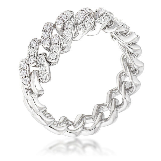 Rhodium Plated Clear CZ Round Cut Flexible Chain Ring