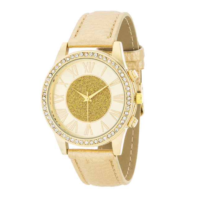 Shira Crystal Leather Watch With Gold Leather Strap