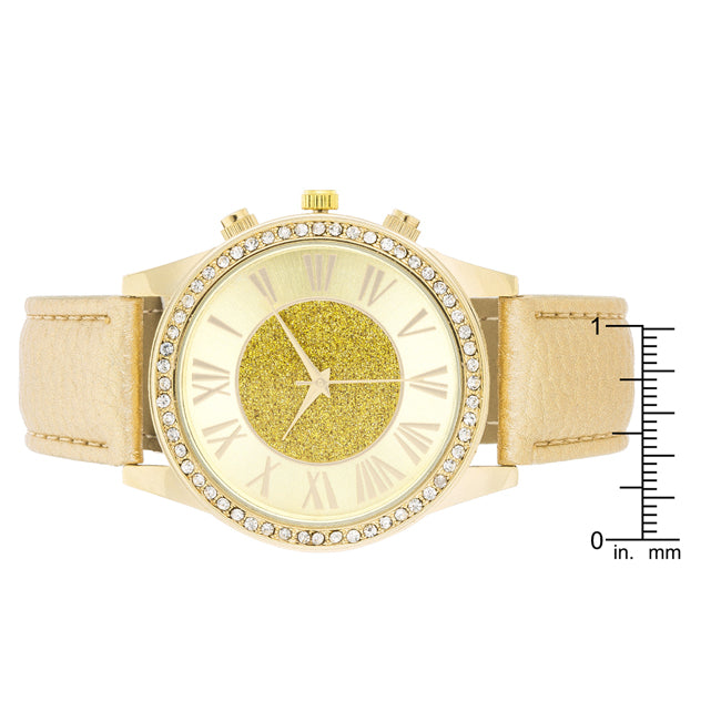 Shira Crystal Leather Watch With Gold Leather Strap