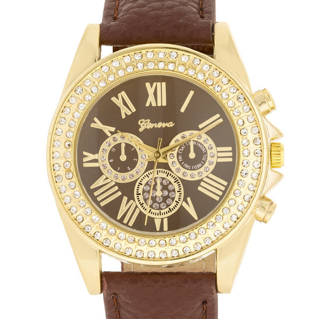 Brown Leather Watch With Crystals