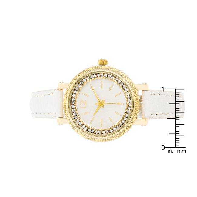 Georgia Gold Crystal Watch With White Leather Strap