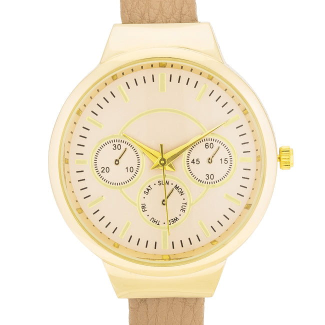 Reyna Gold Beige Leather Cuff Watch